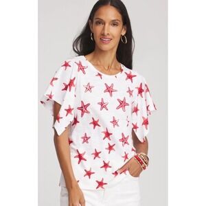 Chicos White Starfish Sequin Embellish Flutter Sleeve Top Red 4 US XXL